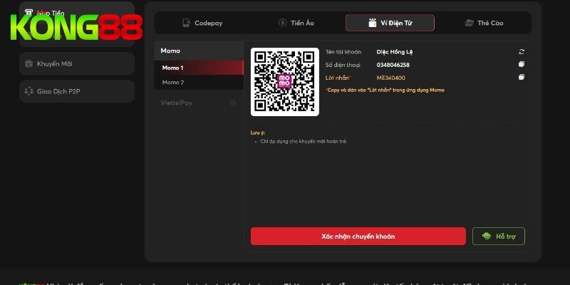 Hướng dẫn nạp tiền KONG88 bằng internet banking