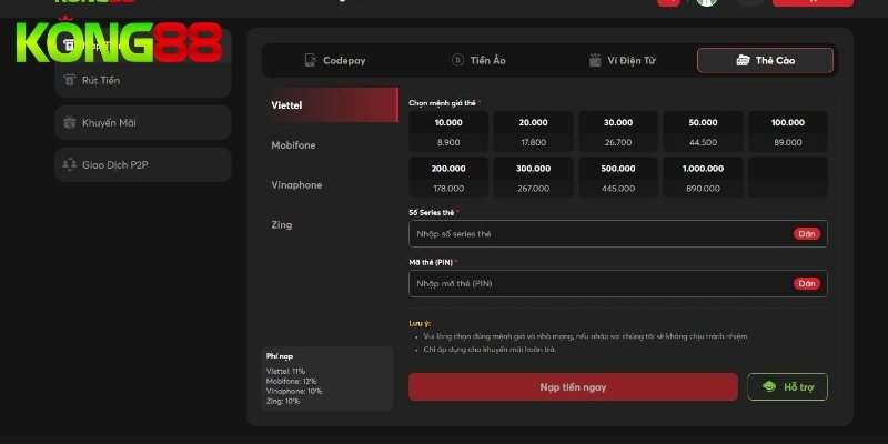 4 bước nạp tiền KONG88 bằng ví điện tử