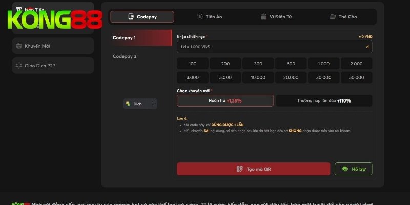 Các bước nạp tiền vào KONG88 cực kì tiện lợi và bảo mật